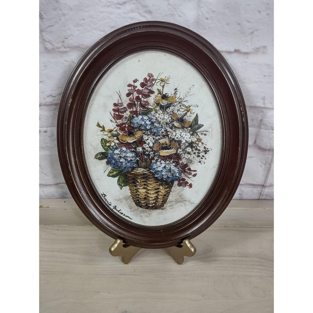 Vintage Floral Bouquet Still Life Art Wood Oval Frame Artisan Painting Signed